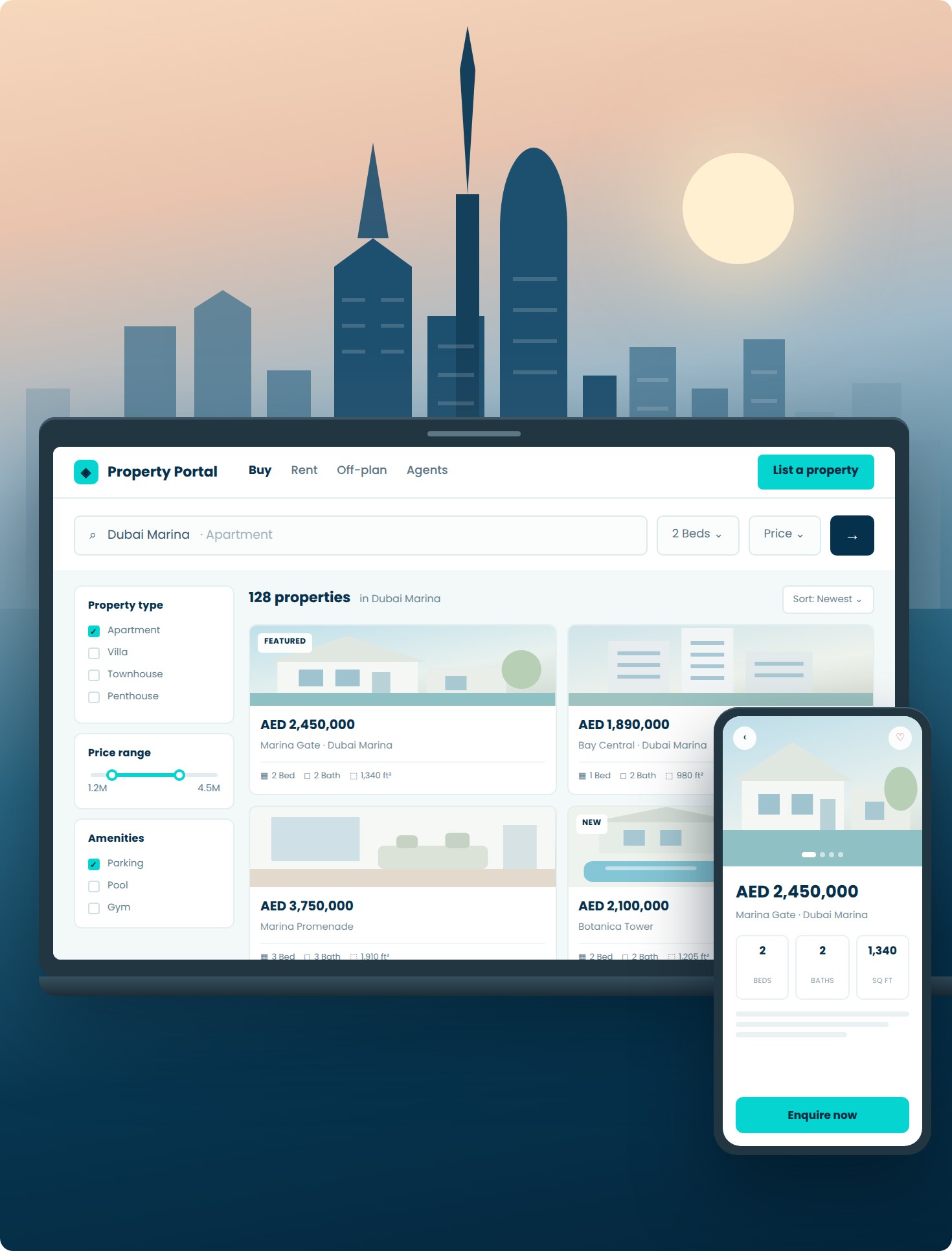 Real estate property portal displayed on laptop and mobile beside the Dubai skyline
